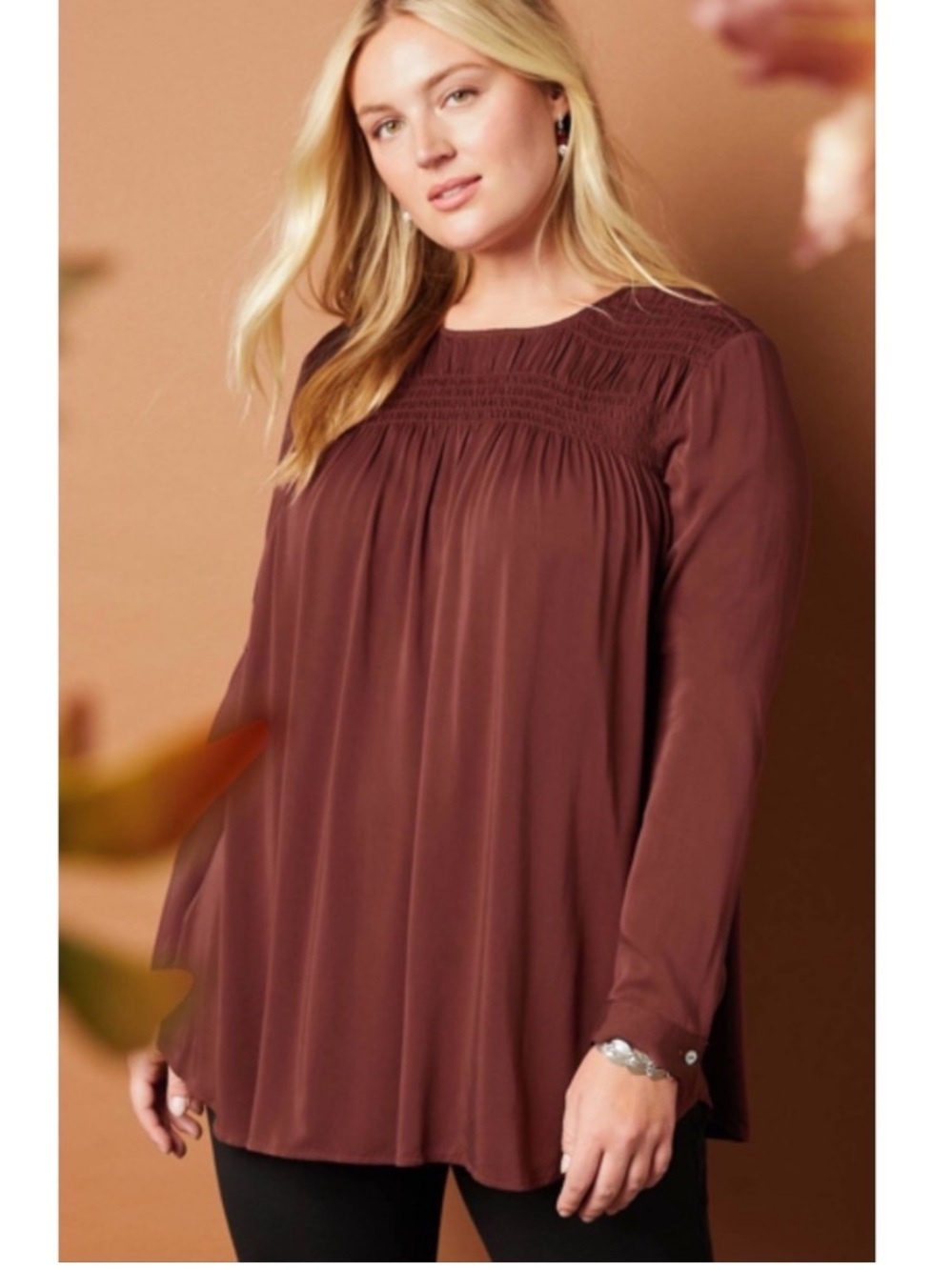 J Jill Smocked A-line Long Sleeve Blouse Tunic Top Flowy Blouse Rust Burgundy XL